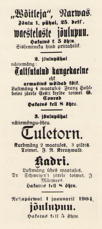 Foto. Kuulutus ajalehes TEATAJA nr 285 (1903), et Kreutzwaldi näidendit TULETORN mängitakse Narva Wõitlejas 27.12.1903.