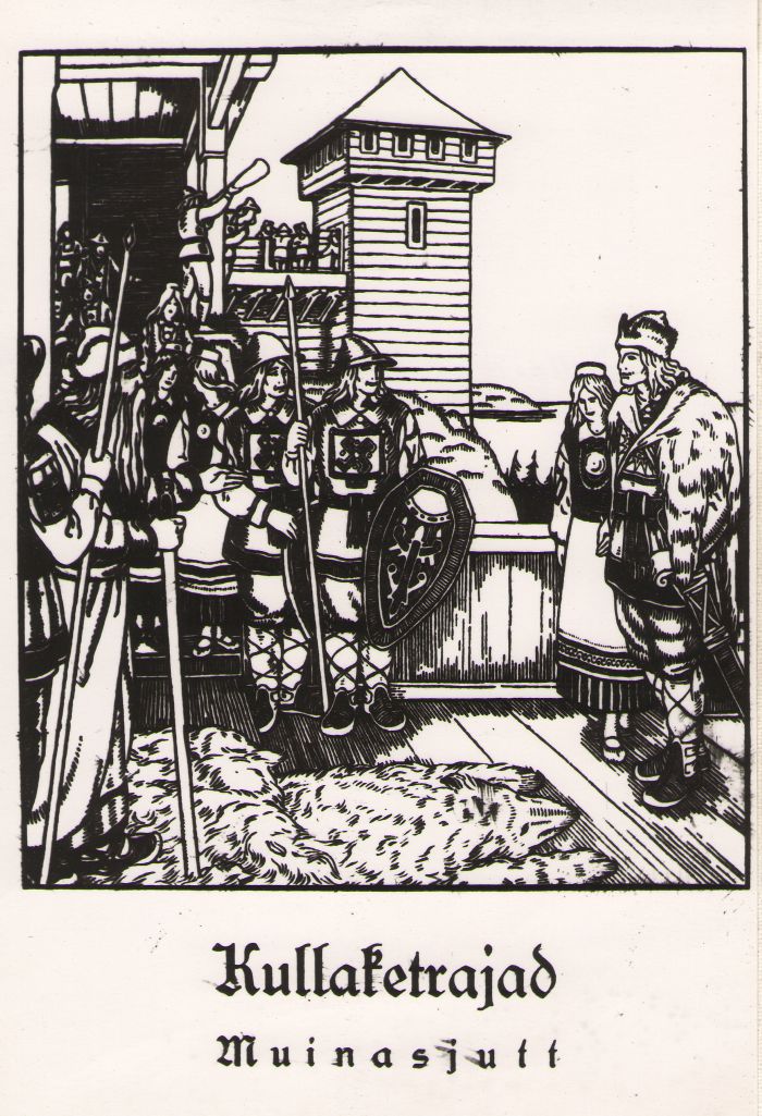 Foto. A. Roosilehe kaanekujundus Fr. R. Kreutzwaldi muinasjutule KULLAKETRAJAD, (1920).