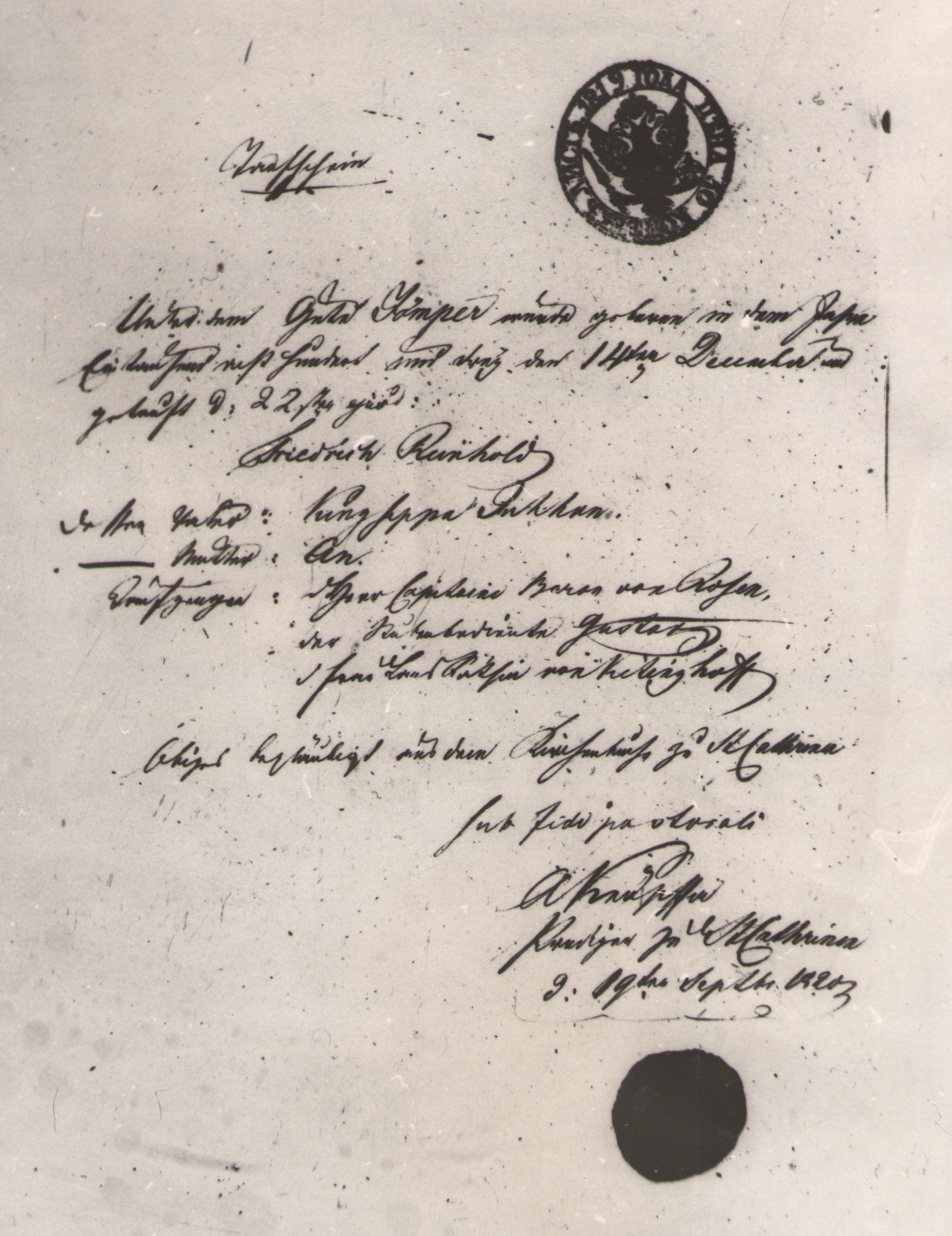 Foto. Fr. R. Kreutzwaldi sünnitunnistus (saksa keeles).