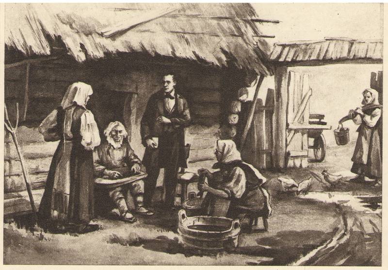 Postkaart. Kreutzwald rahvaluulet kogumas Pihkva eestlaste juures (Vive Tolli).