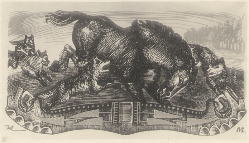 Foto. H. Mugasto puugravüür HUNDID KALEVIPOJA HOBUST RÜNDAMAS, 1935.