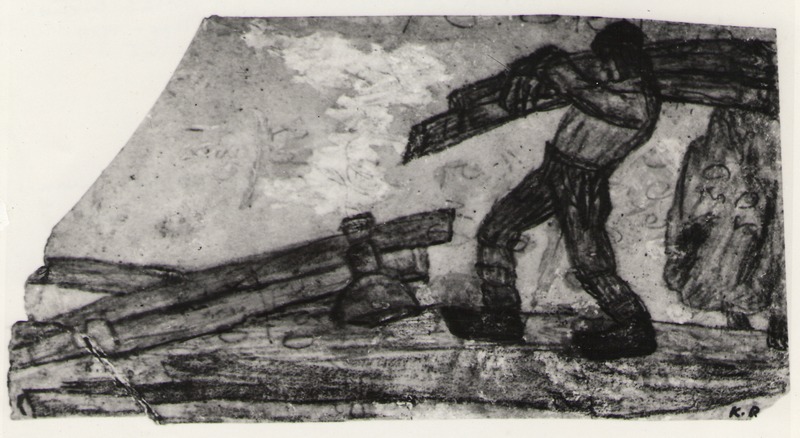 Foto. K. Raua söejoonis LINNA EHITAMINE (Fr. R. Kreutzwaldi KALEVIPOJA ainetel).