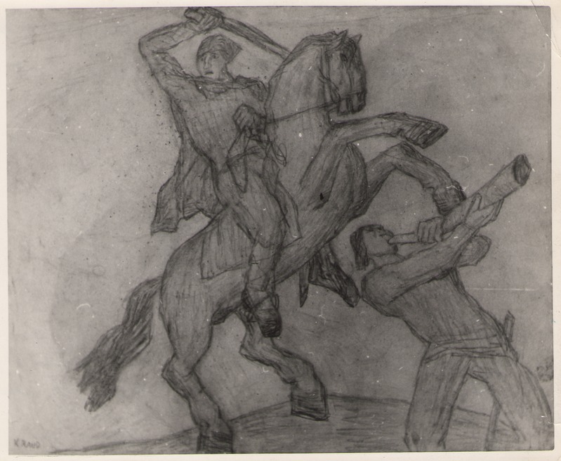 Foto. K. Raua söejoonis SÕTTA MINEK (Fr. R. Kreutzwaldi KALEVIPOJA ainetel).