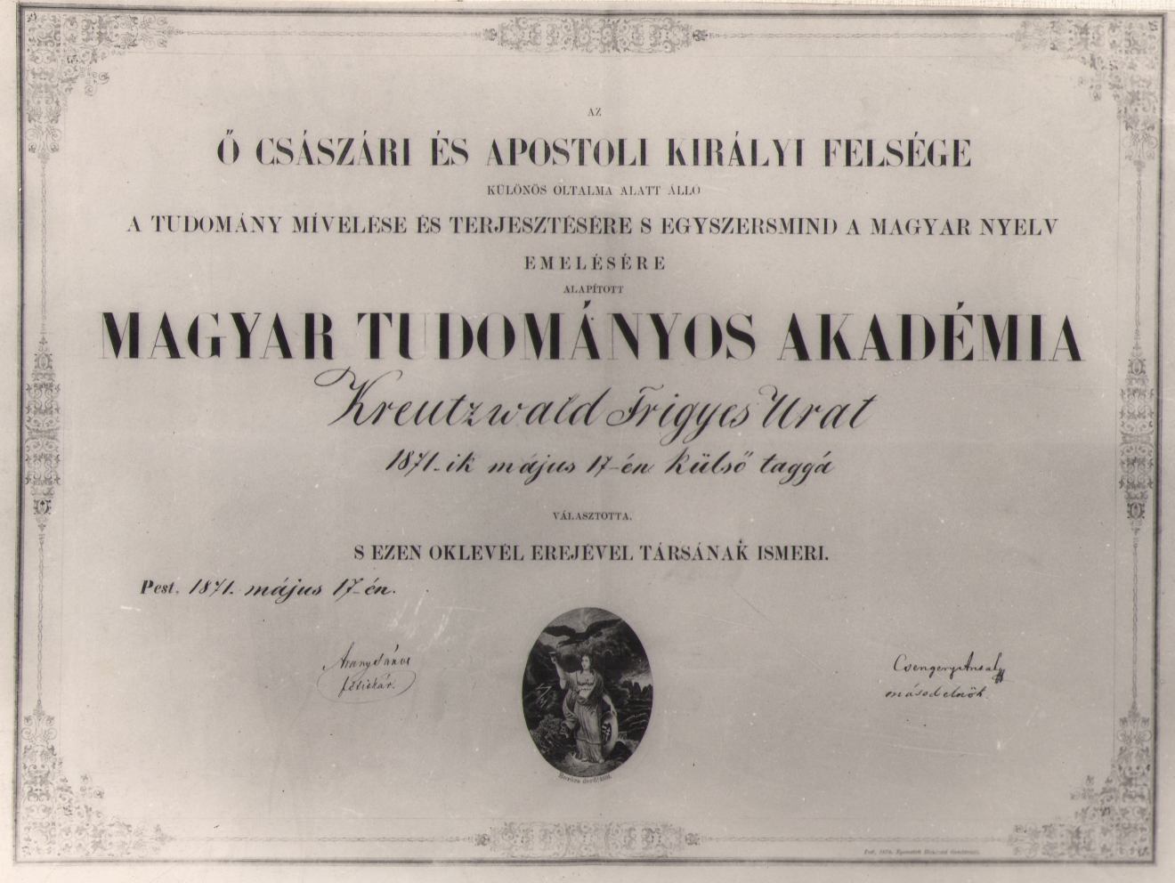 Foto. Ungari Teaduste Akadeemia auliikme diplom Fr. R. Kreutzwaldile, 1871.