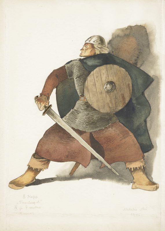 Kostüümikavand Eugen Kapi ooperile "Tasuleegid" (muinassõdur)