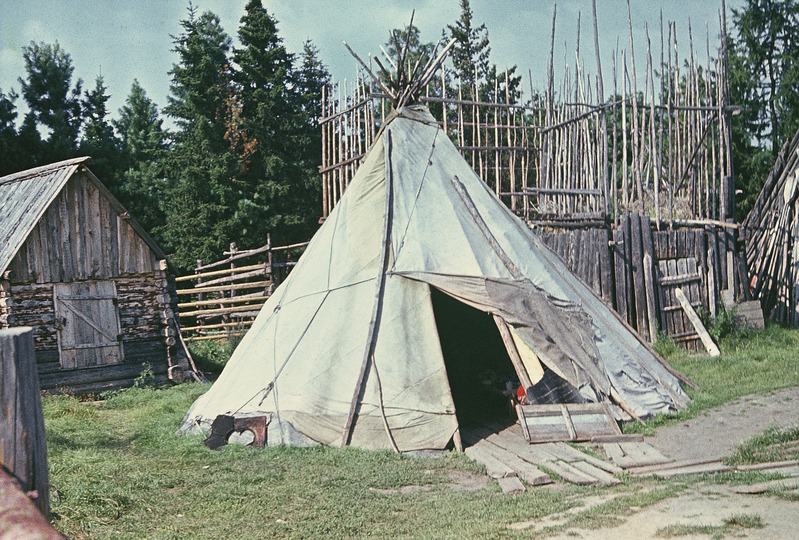 Handi püstkoda, koonusekujuliselt asetatud latid on kaetud presendiga. 
Jamali Neenetsi rahvusringkond Šurõškarõ rajoon Sõnja külanõukogu Ovgorti küla.
Foto  1976.