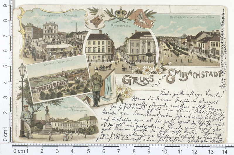 Gruss aus der Embachstadt. Dorpat. Bankgebande (pangahoone), Marktplatz (turuplats), Ritterstrasse (Rüütli tn)