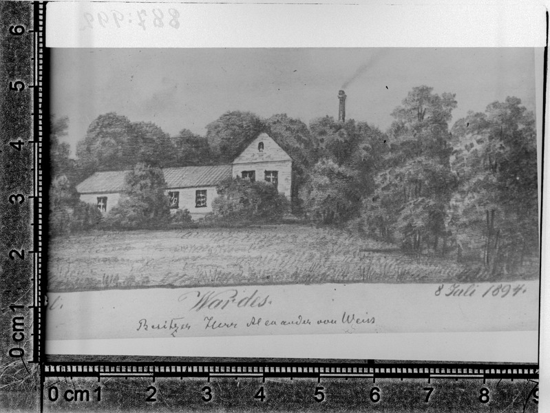 Varudi mõis (Wardes), härrastemaja (Theodor Albert Sprengeli pliiatsijoonis 8. juuli 1894). V. - Nigula khk