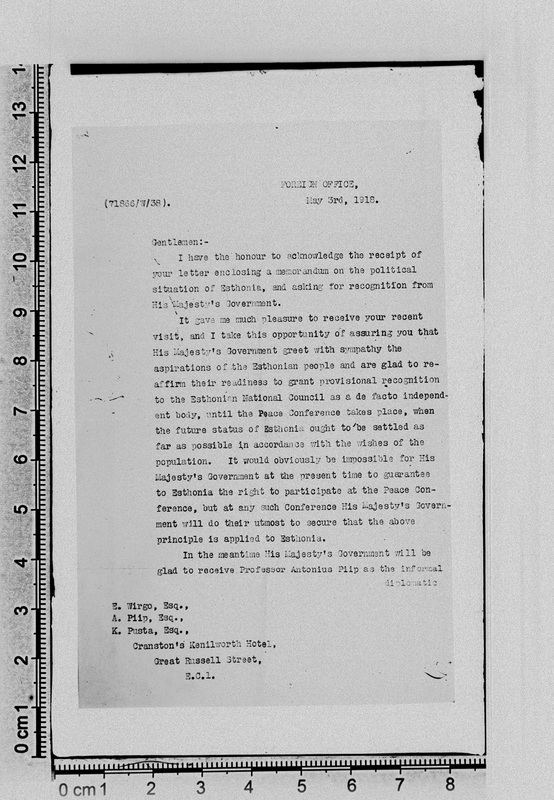 Koopia 1918 a Välisministeeriumi üleskutsest