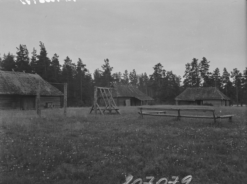 Külakiik, võimlemistrapets ja istumispingid tantsuplatsi ääres, tagaplaanil küla rehed, 23. VIII 42, Savvokkala k