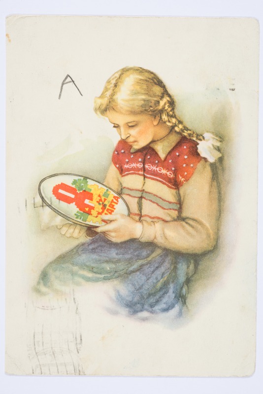 Naistepäevakaart "8 Марта": tikkiv tüdruk