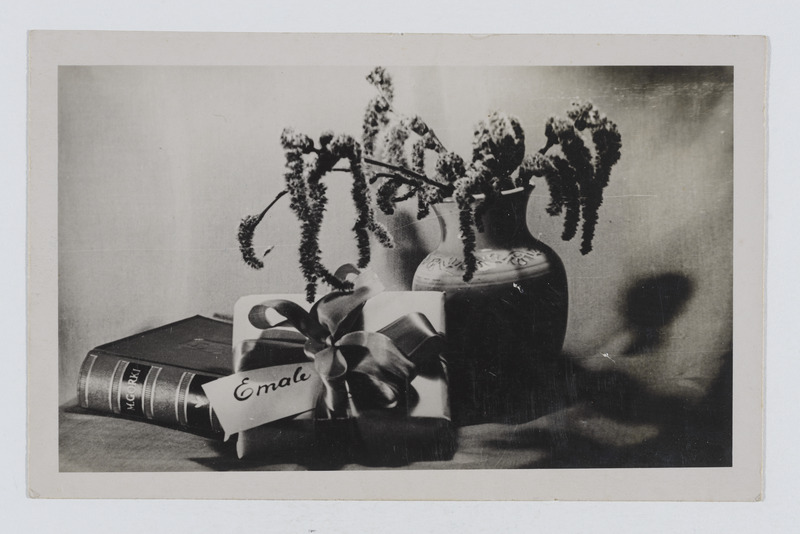 Fotopostkaart kompositsiooniga: pajuoksad vaasis ja M. Gorki raamat ning kingipakk tekstiga "Emale"