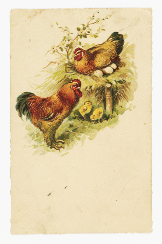 Lihavõttekaart kirju kuke ja mune hauduva kanaga