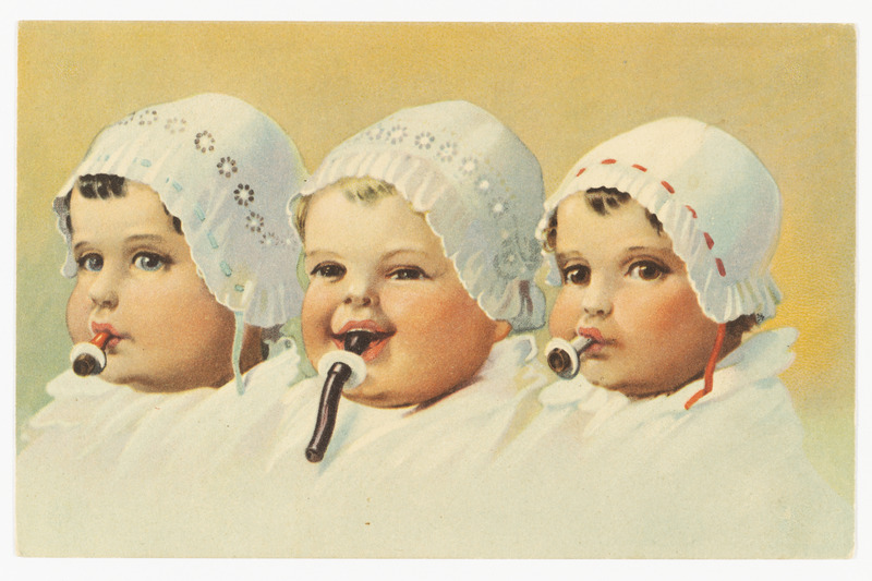 Õnnitluskaart kolme lutti imeva lapsega