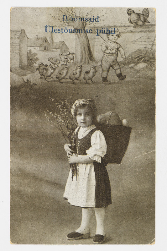 Lihavõttekaart pajuurbade ja munakorviga tüdrukuga ning tekstiga "Rõõmsaid Ülestõusmise pühil"