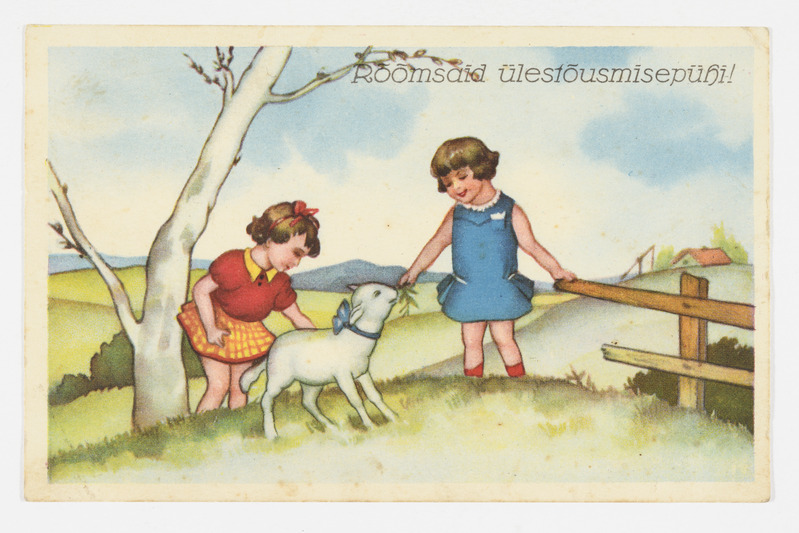 Lihavõttekaart  lambatalle ja lastega ning tekstiga "Rõõmsaid ülestõusmisepühi"