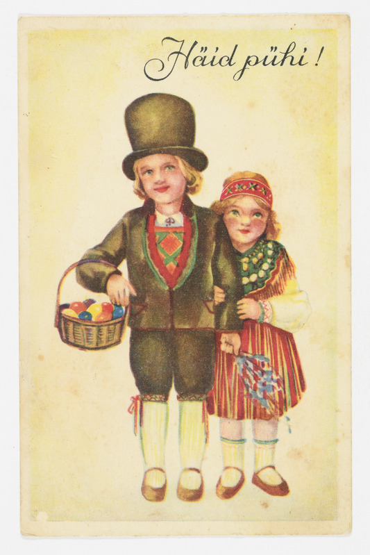 Lihavõttekaart munakorvi käes kandva rahvariietes paariga ning tekstiga "Häid pühi!"