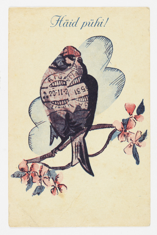 Lihavõttekaart lindudega puuoksal ning tekstiga "Häid pühi"