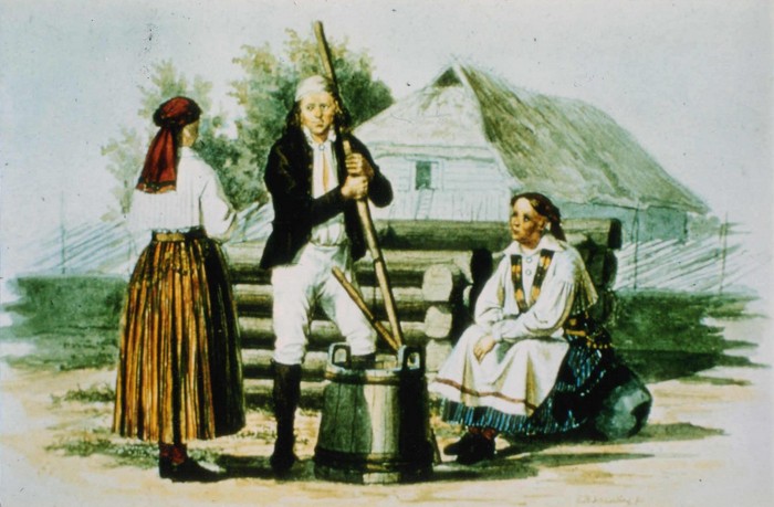Hiiumaa rahvariides naised ja mees (reigirootslased) talu õuel toobri juures. (E.H.Schlichtingi akvarell,1852)