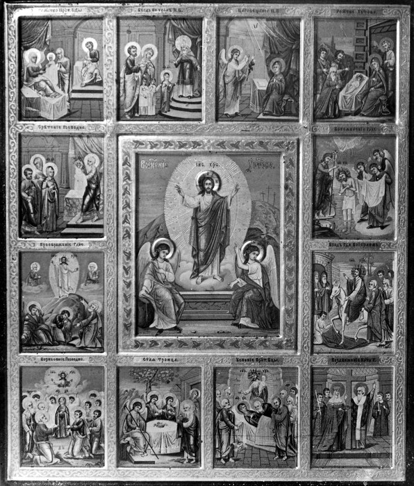 Kuriste õigeusukiriku ikoon Ülestõusmine (pühadega, värvitrükk,plekil, 20.sa.algus)