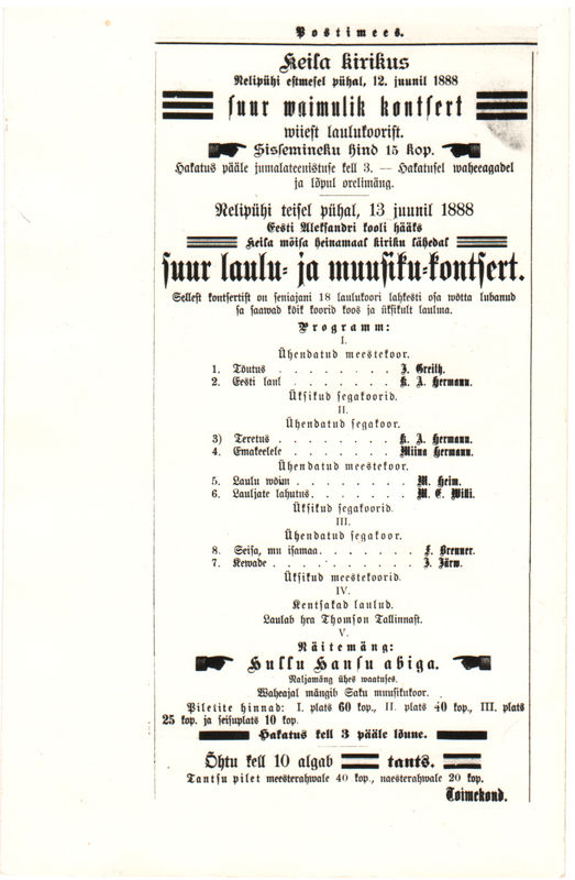 Kuulutus ajalehest Postimees 09.06.1888