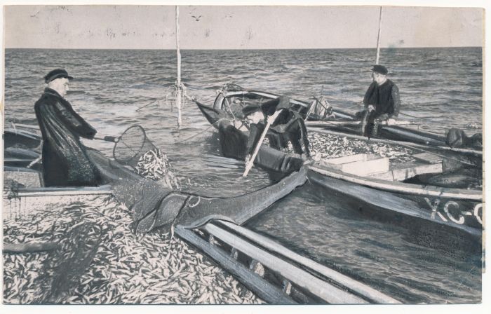 Foto. Haapsalu raj Admiral Nahhimovi nim kalurikolhoosi kalurid T. Pautsi lülist noota tühjendamas. 1961. Foto P. Kuznetsov.