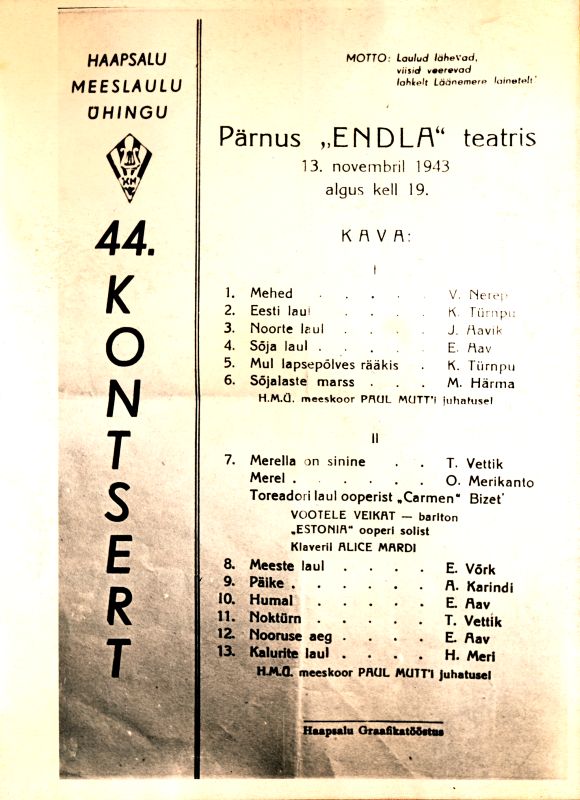 Foto. Haapsalu Meestelaulu Ühingu Meeskoor 1942-1943. Kontserdi kava