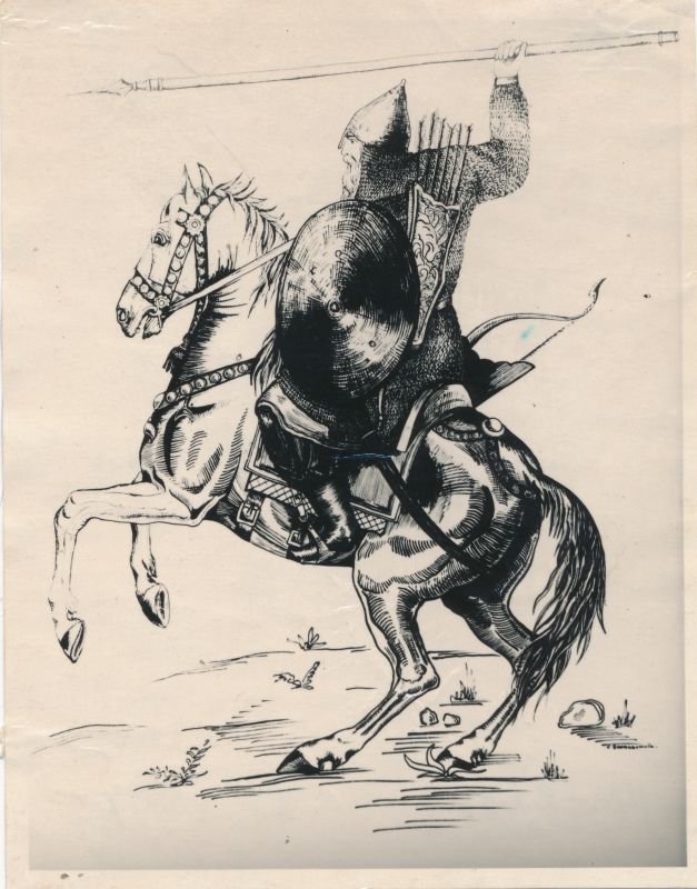 Foto. Vene sõjamees. XIV sajandil. Kunstnik Vassiltsikovi dussijoonise järgi.