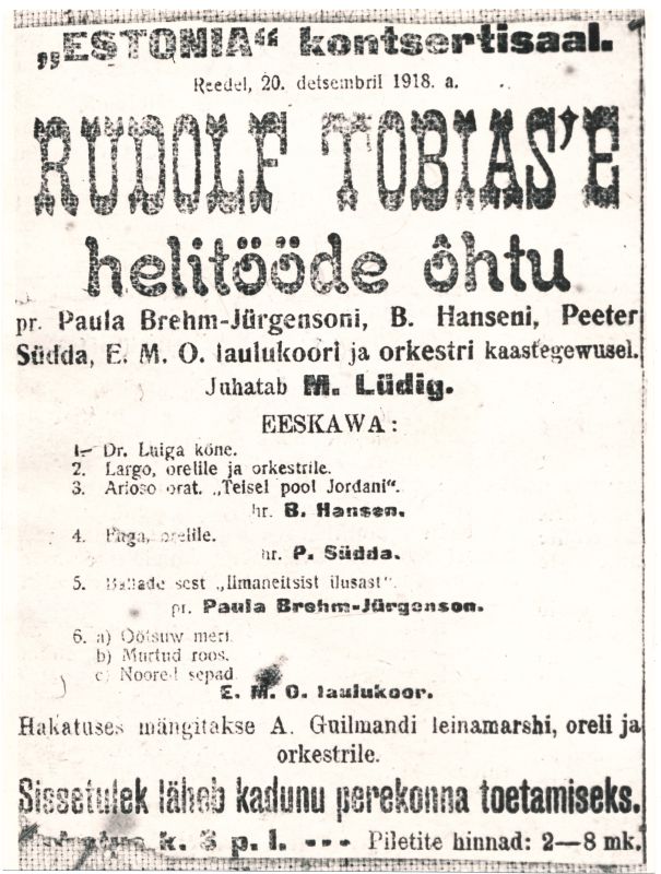 Foto. R. Tobiase helitööde õhtu kavaleht. Kontsert "Estonia" kontserdisaalis 1918.