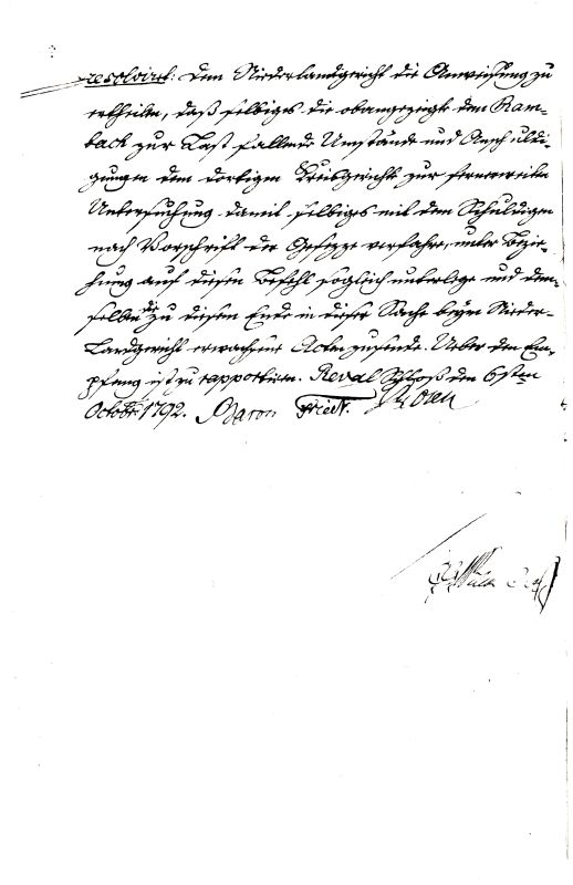 Fotokoopia. Tallinna Asehaldusvalitsuse eeskiri Haapsalu Alammaakohtule rootsi talupoegade mõisnike vastu üles ässitamises ja valekaebuste esitamises süüdistatava Haapsalu elaniku Jacob Johann Rambachi saatmise kohta Haapsalu Kreisikohtusse juurdluse lõpuleviimiseks ja karistamiseks. 6.oktoober 1792.a.