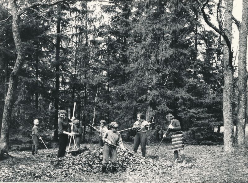 Foto. Palivere Eriinternaatkooli lapsed A.Laikmaa parki koristamas 1970.aastate alguses. Foto: Ilmarine Möldri.