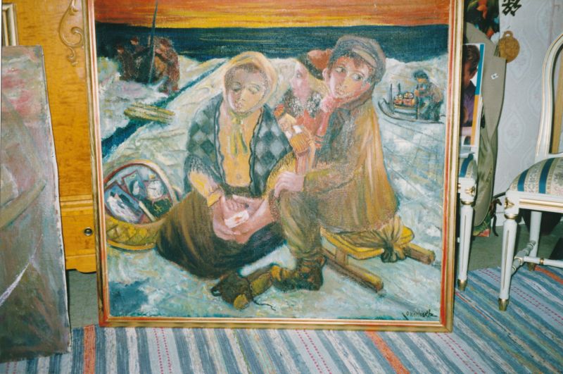 Värvifoto. Rootsi kunstniku Olle Krantzi maal "Põgenemine" kunstniku kodus Rootsis.