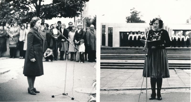 Foto.  Heljo Talmetile mälestustahvli avamisel majal Võidu tn 28 Haapsalus. Kõneleb (vasakul) EKP Haapsalu RK II sekretär Laine Soosalu ja paremal rahvatantsujuht Helgi Miller. 30.september 1982.a.
Foto: Tenno Sillaste.