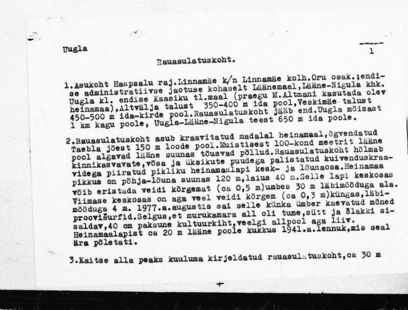 Negatiiv. Uugla. Rauasulatuskoht.
Ü.p. 1976.