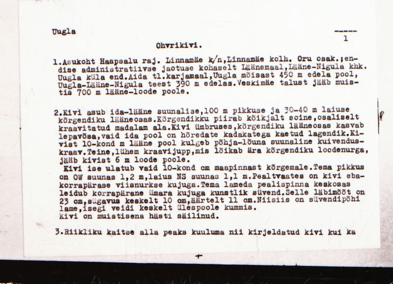 Negatiiv. Uugla. Ohvrikivi.
Ü.p. 1976.