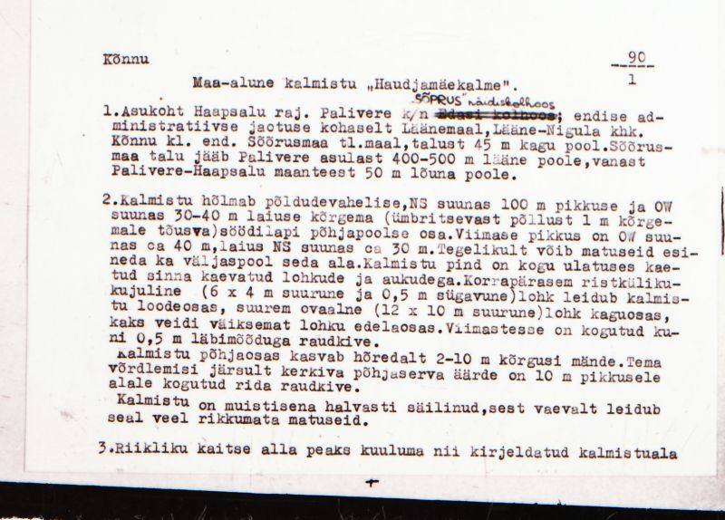 Negatiiv. Kõnnu. Maa-alune kalmistu. Haudjamäe kalme.
Ü.p. 1976.