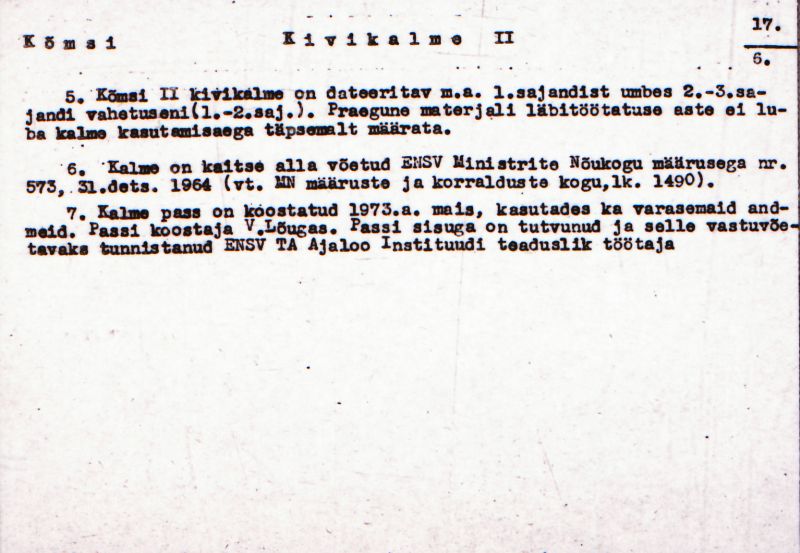 Negatiiv.  Kõmsi. Kivikalme II.
Ü.p. 1976.