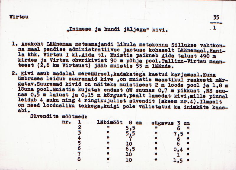 Negatiiv.  Virtsu. "Inimese ja hundi jäljega kivi".
Ü.p. 1976.