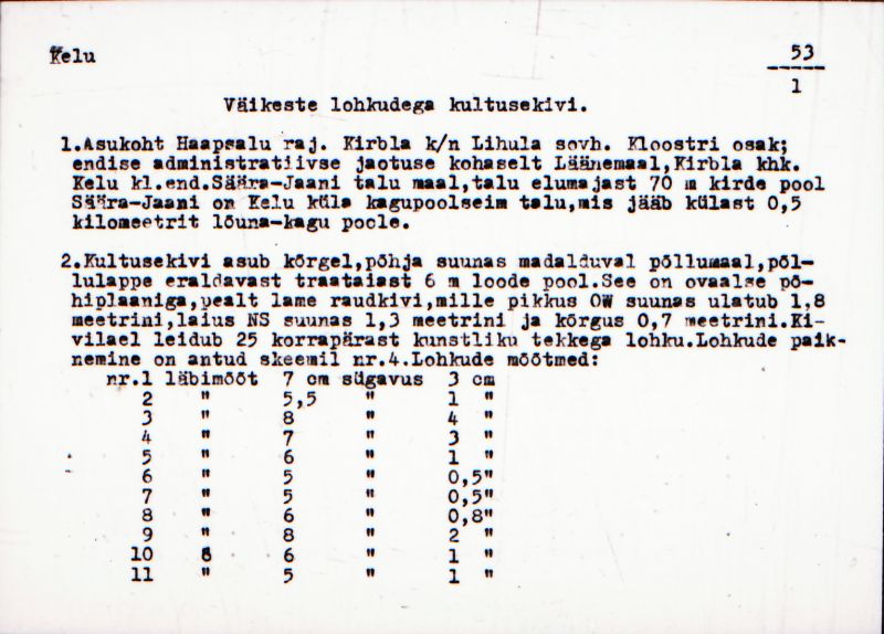 Negatiiv.  Kelu. Väikeste lohkudega kultusekivi.
Ü.p. 1976.
