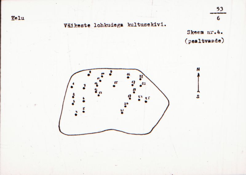 Negatiiv.  Kelu. Väikeste lohkudega kultusekivi.
Ü.p. 1976.