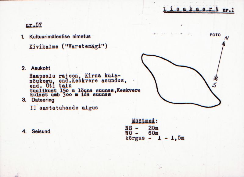 Negatiiv.  Kirna külanõukogu. Kivikalme. "Varetemägi"
Ü.p. 1976.