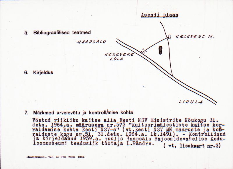 Negatiiv.  Kirna külanõukogu. Kivikalme. "Varetemägi"
Ü.p. 1976.