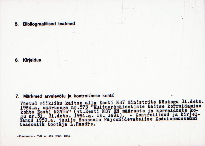 Negatiiv.  Mäemõisa. Kivikalme "Kalmemägi".
Ü.p. 1976.