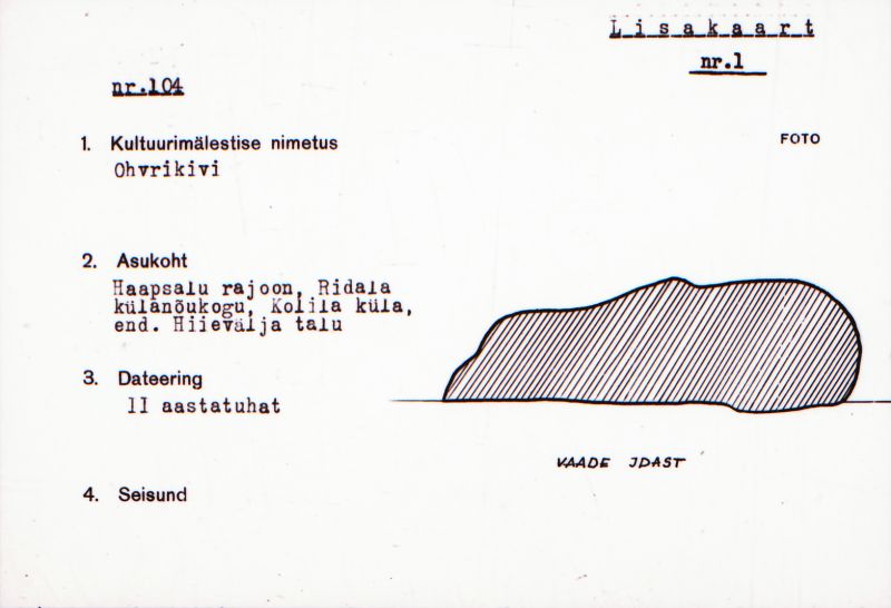 Negatiiv.  Kohila. Ohvrikivi.
Ü.p. 1976.