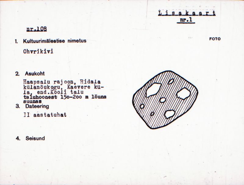Negatiiv.  Kaevere. Ohvrikivi.
Ü.p. 1976.