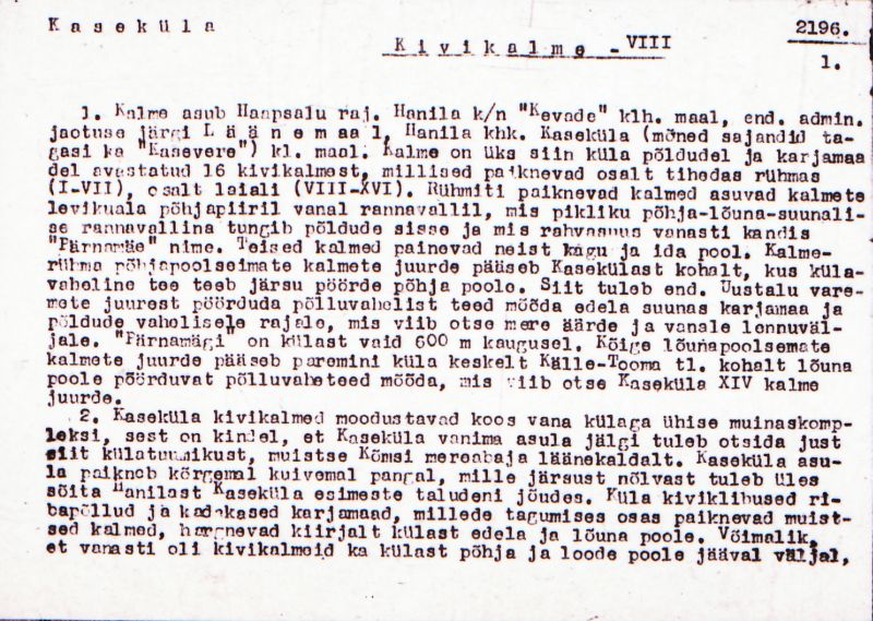 Negatiiv. Kaseküla. Kivikalme VIII.
Ü.p. 1976.