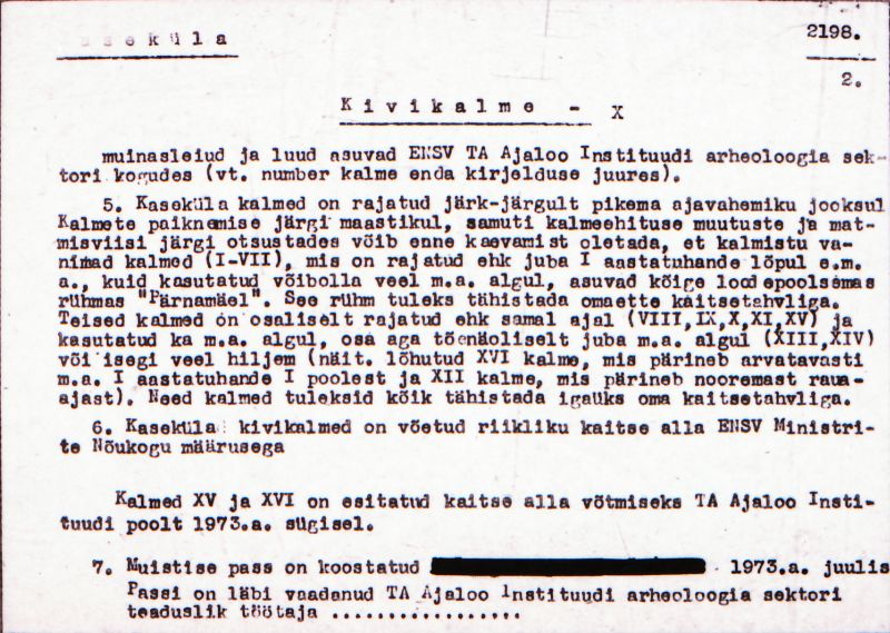 Negatiiv. Kaseküla. Kivikalme X.
Ü.p. 1976.