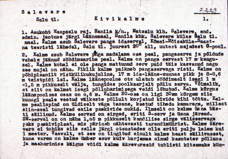 Negatiiv. Salevere kivikalme.
Ü.p. 1976.