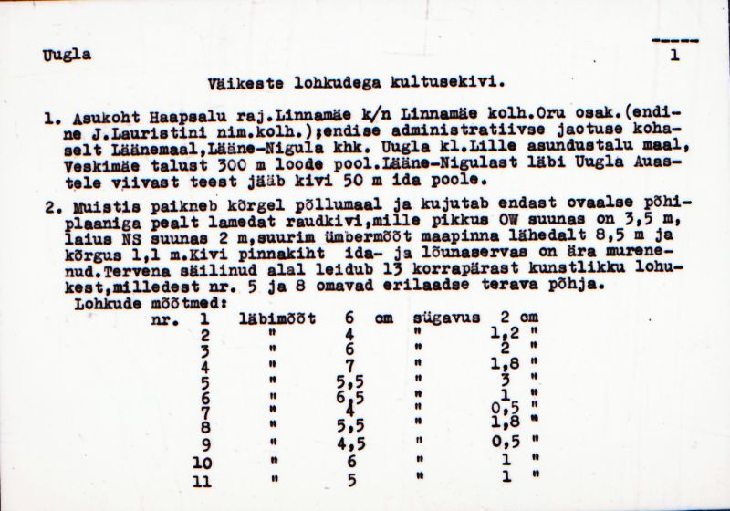 Negatiiv. Uugla väikeste lohkudega kultusekivi.
Ü.p. 1976.