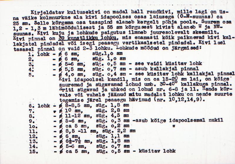 Negatiiv. Kaseküla väikeste lohkudega kultusekivi.
Ü.p. 1976.
